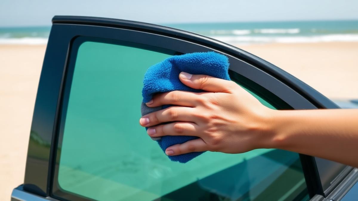 Hand cleaning a tinted car window with a microfiber cloth at the beach