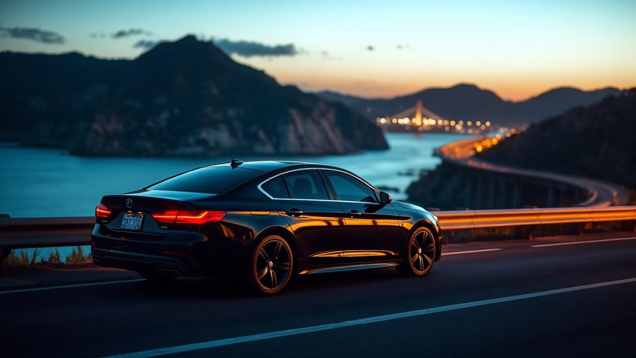Black sedan with legal California window tint parked at dusk on a coastal road