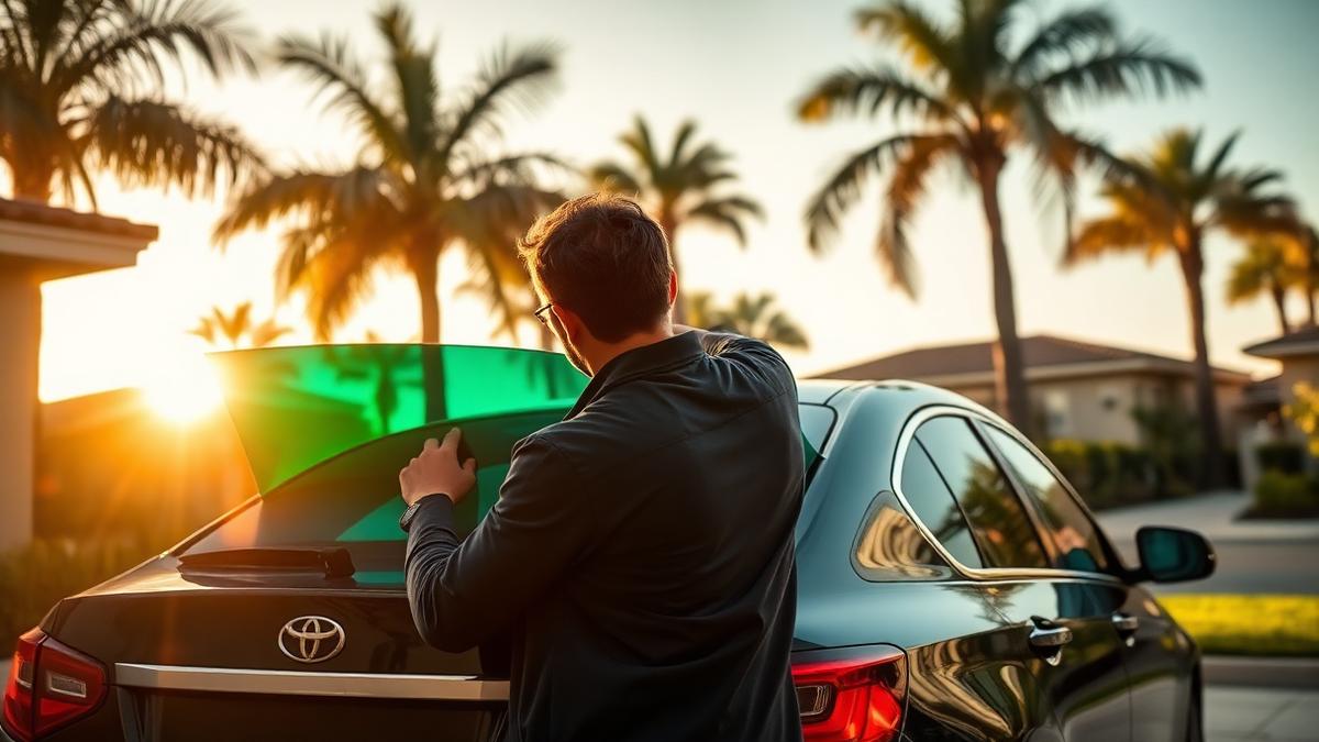 Mobile tint installer applying window film to a car in a Carlsbad driveway at golden hour