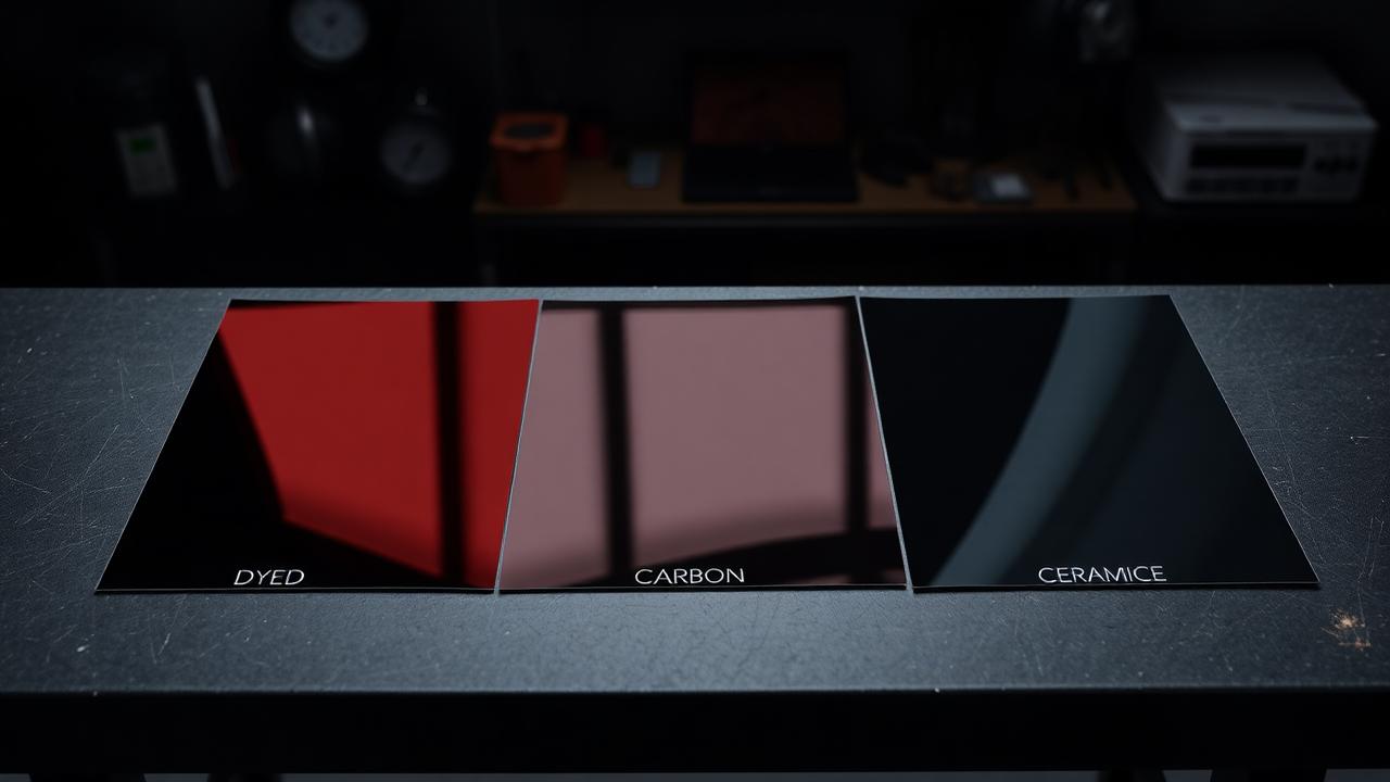 Comparison of three window tint film samples — dyed, carbon, and ceramic — on a workbench