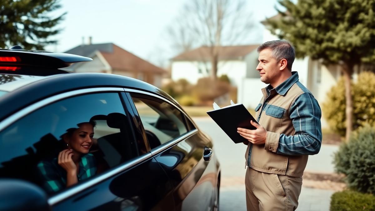 Mobile tint installer talking with a customer beside a car in a driveway