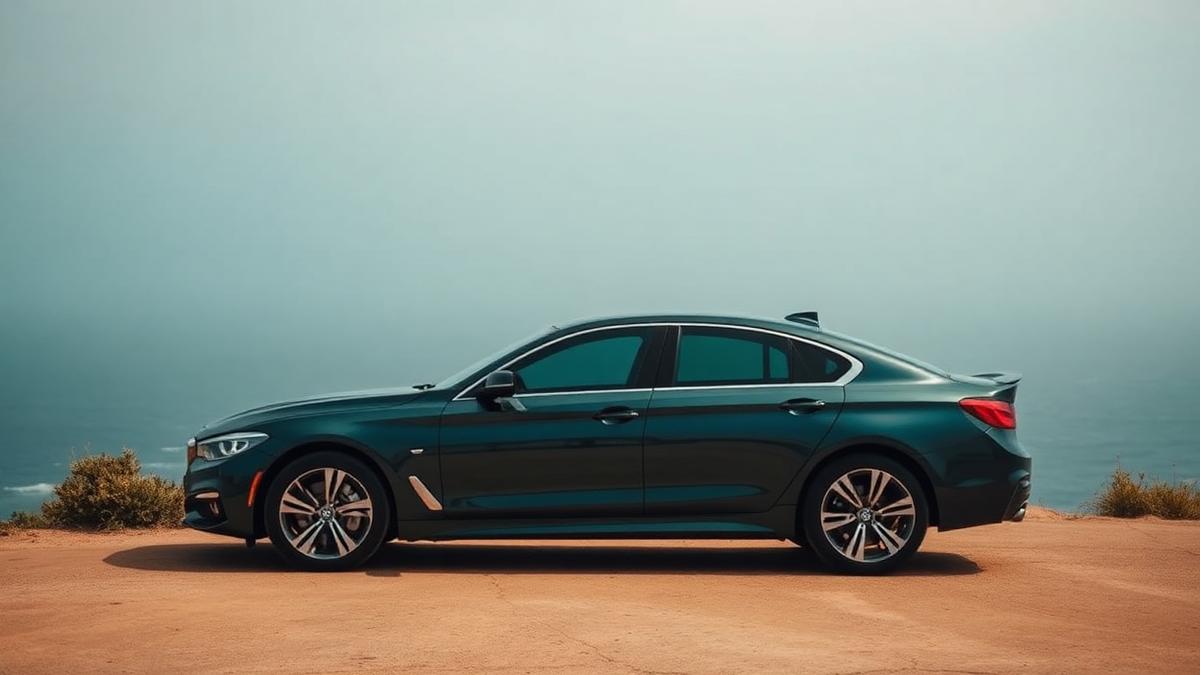 Tinted sedan parked on a coastal bluff overlooking the Pacific Ocean