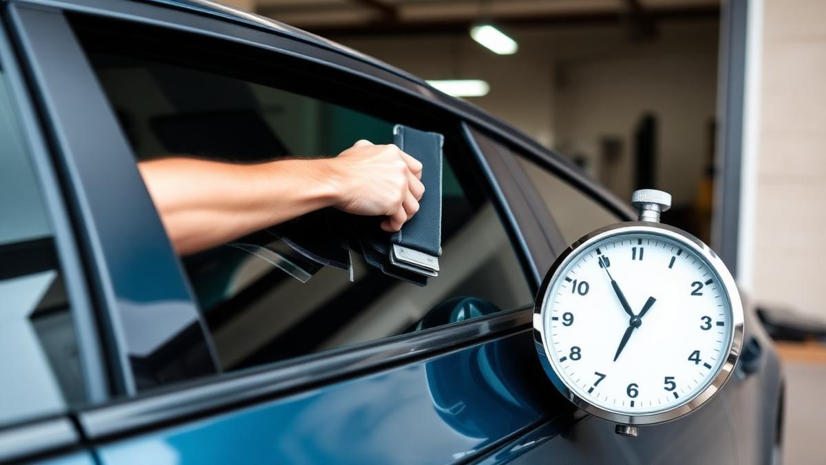 Installer squeegeeing window tint film onto a car door glass