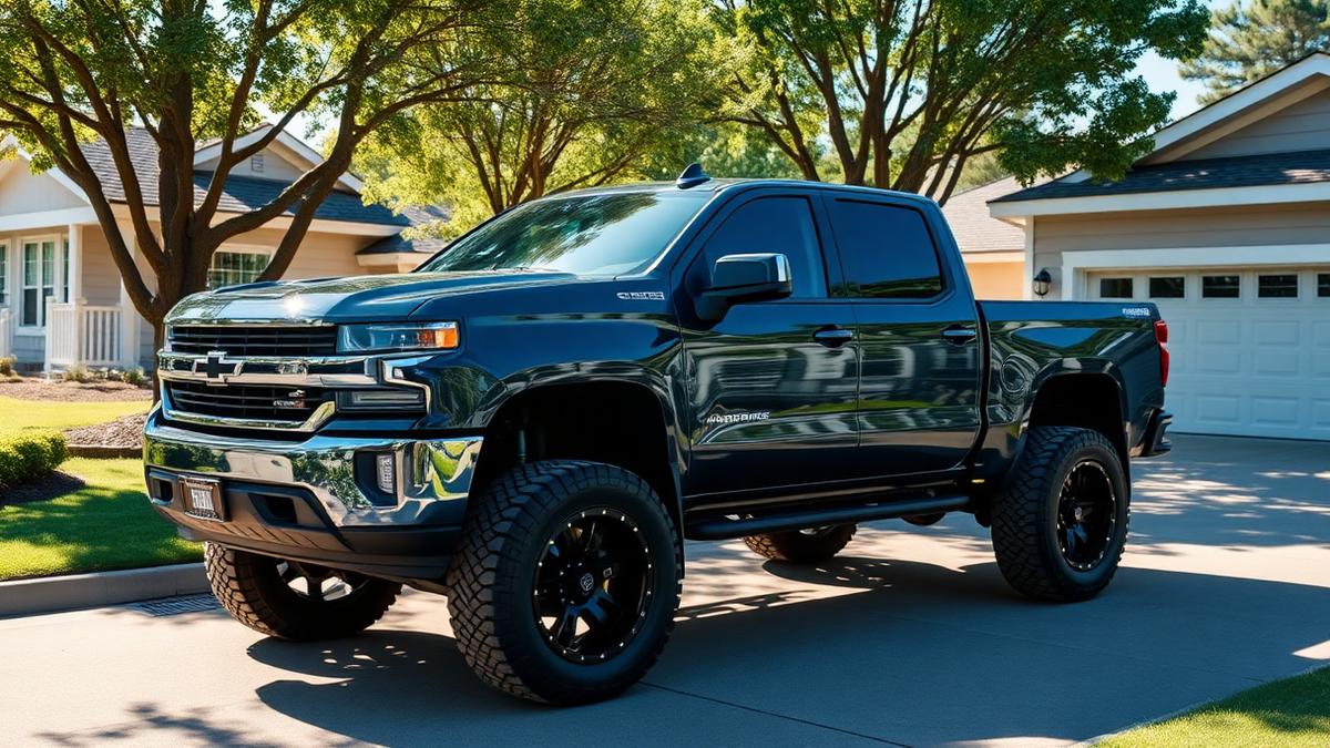 Lifted pickup truck with dark tinted windows parked in a suburban driveway