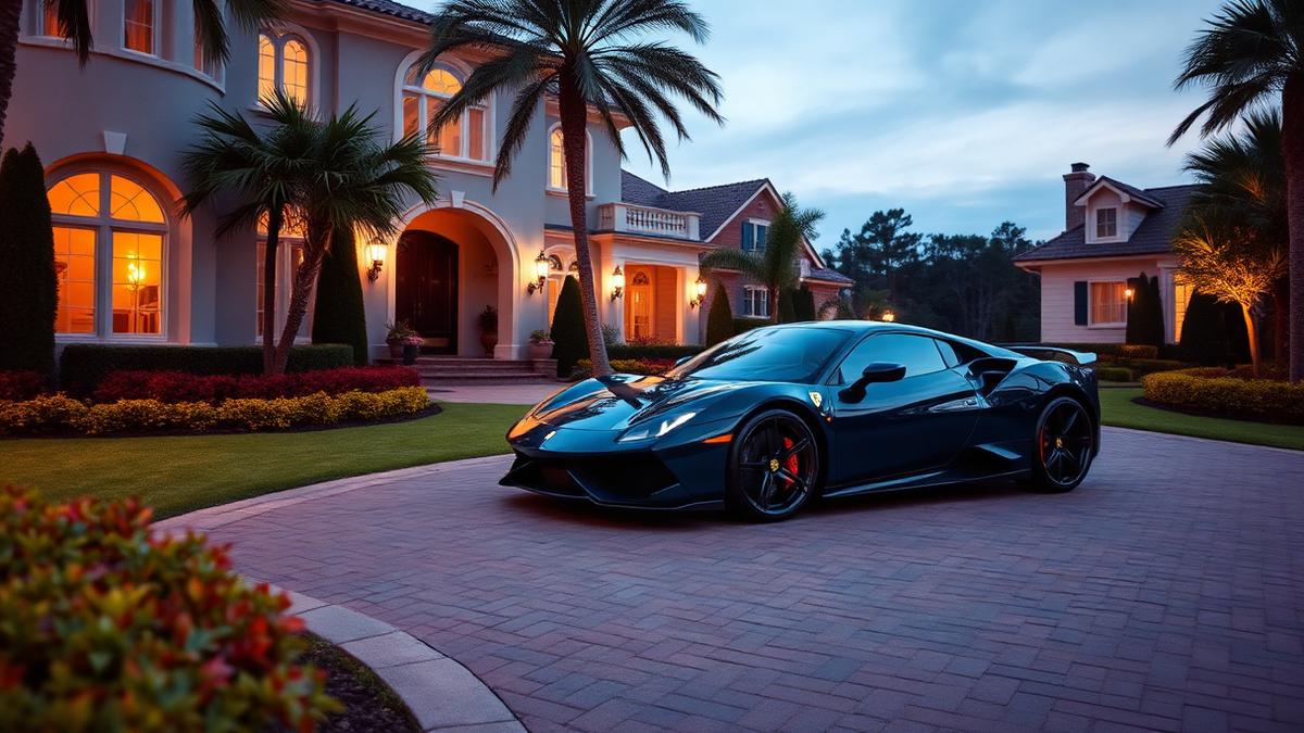 Luxury sports car with freshly tinted windows in an upscale estate driveway
