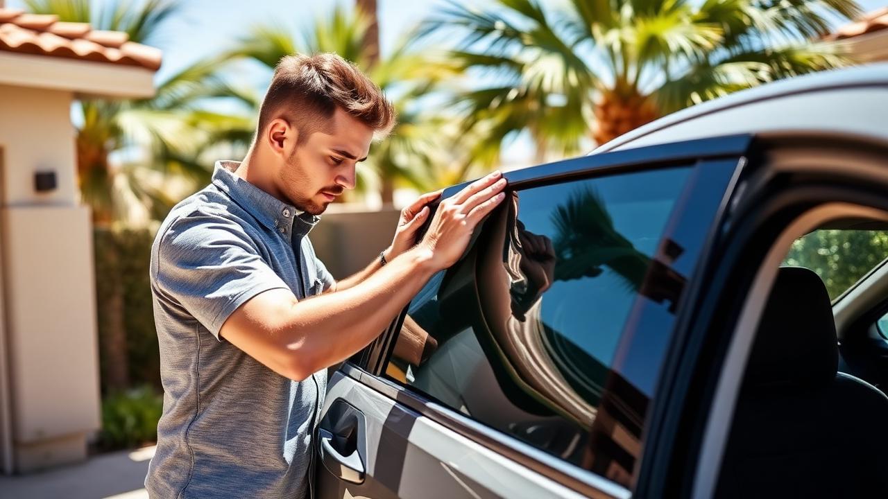 Mobile window tint installer working on a car in a North County San Diego driveway