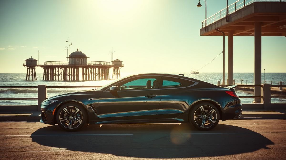 Car with ceramic window tint parked near the Oceanside pier in bright sun