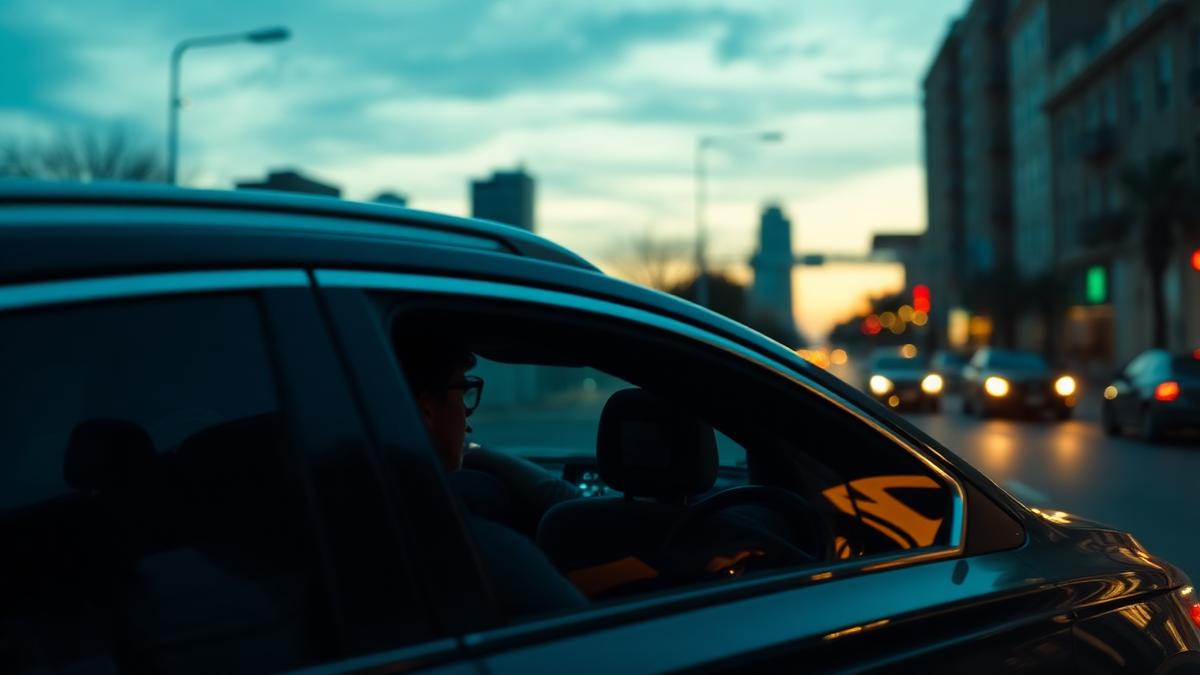 Rideshare driver in a tinted sedan on a city street at dusk
