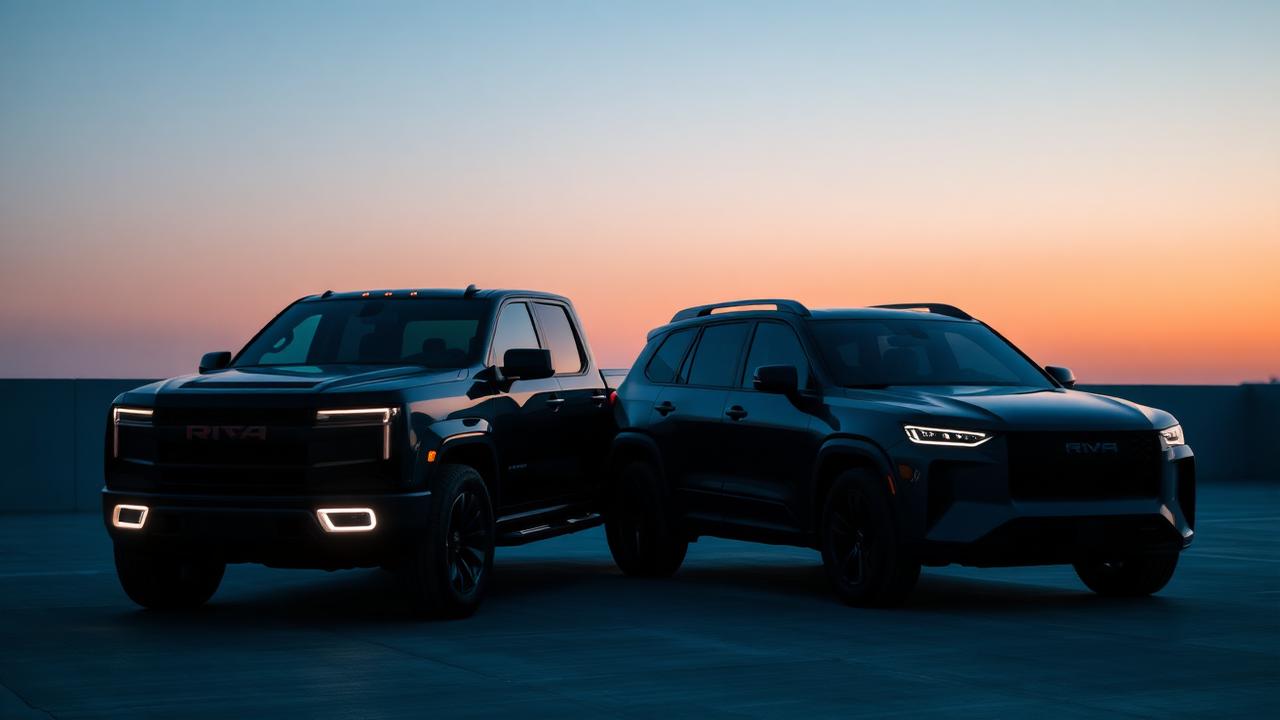 White Rivian R1T parked on a coastal road with tinted windows