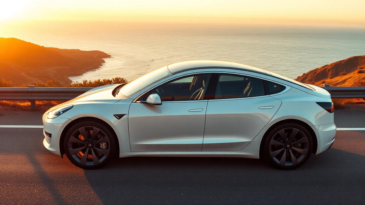 Tesla Model Y parked on a coastal Southern California road with tinted windows