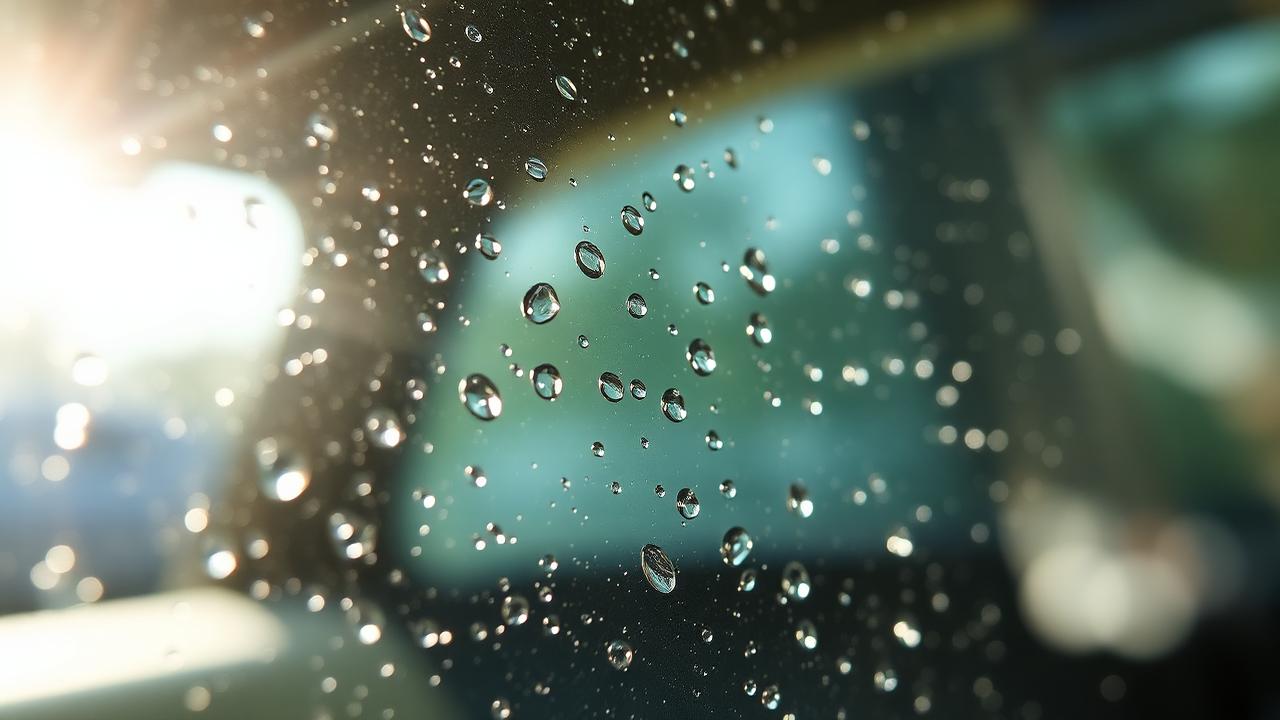 Close up of a freshly installed window tint with curing water bubbles