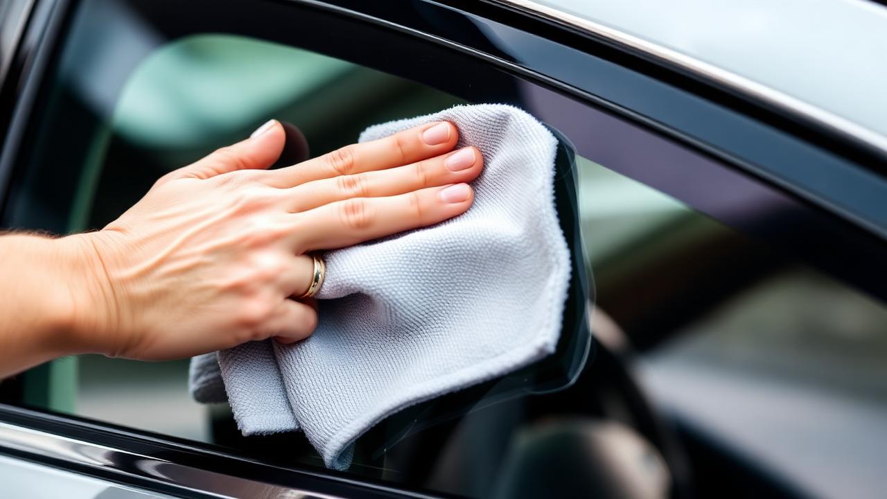 Hands cleaning a freshly tinted car window with a microfiber cloth