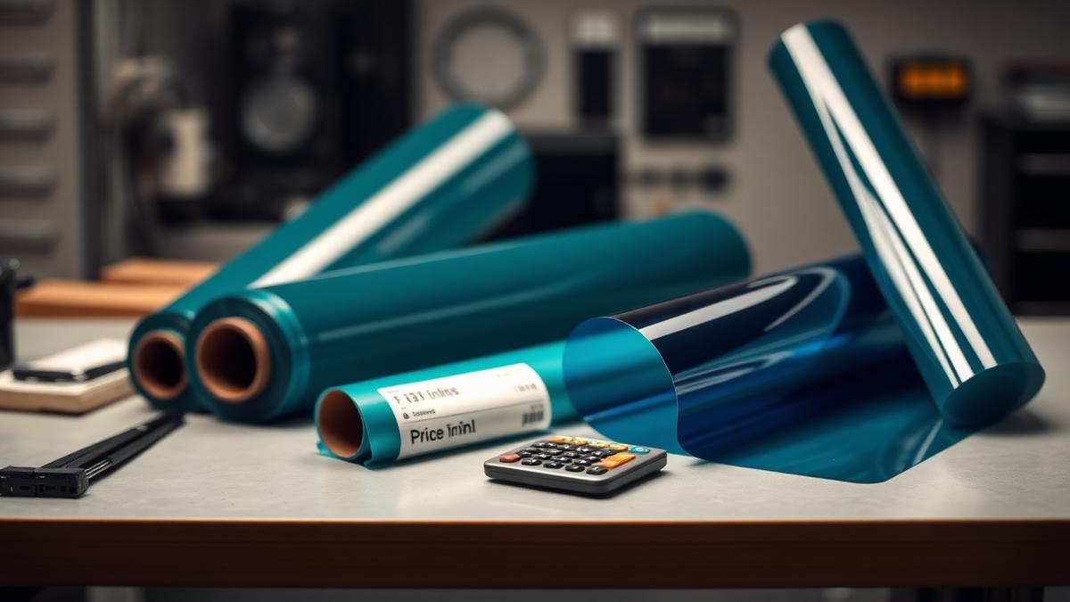 Rolls of automotive window tint film on a workbench with a calculator