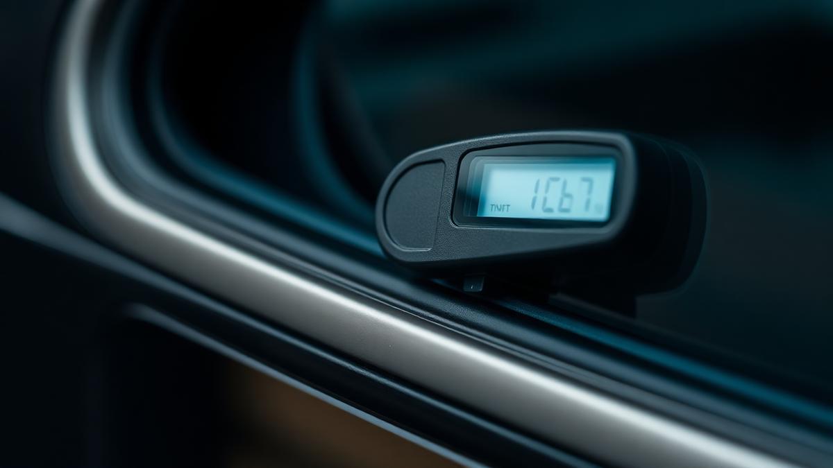 Tint meter clipped to a car door window measuring film darkness