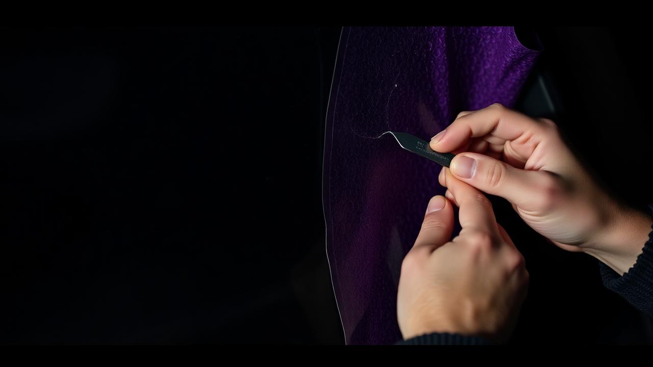 Old purple window tint being peeled off a rear car window