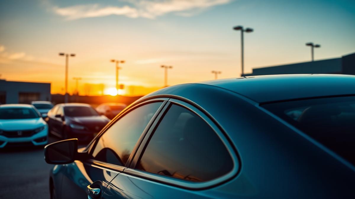 Clean tinted car on a dealership lot at golden hour