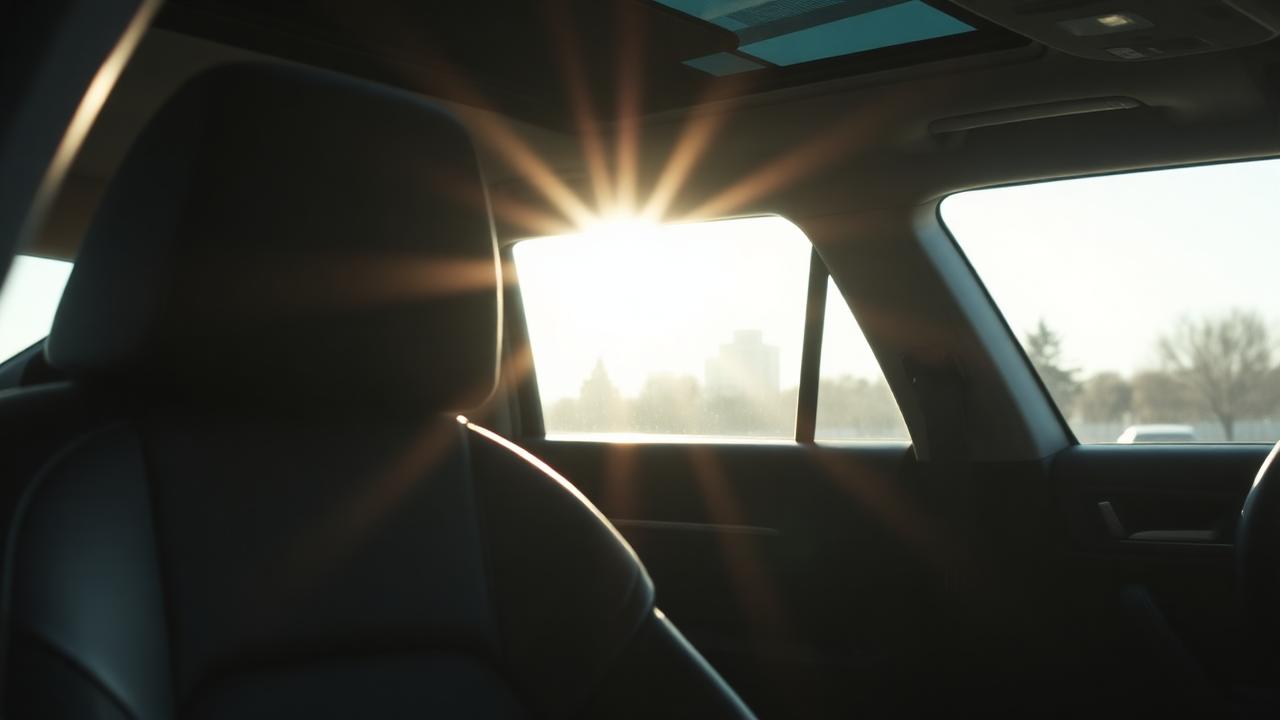 Open car door showing freshly tinted windows curing in the sun