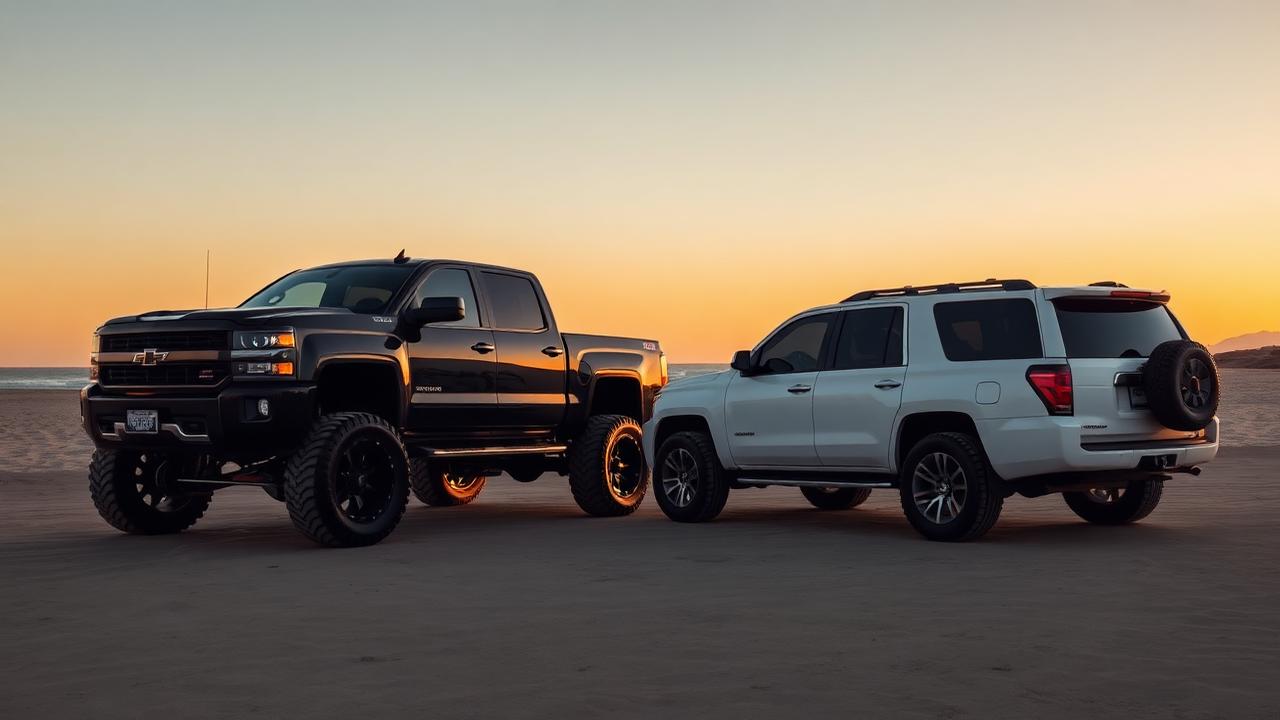 Lifted truck with dark window tint parked at a beach overlook