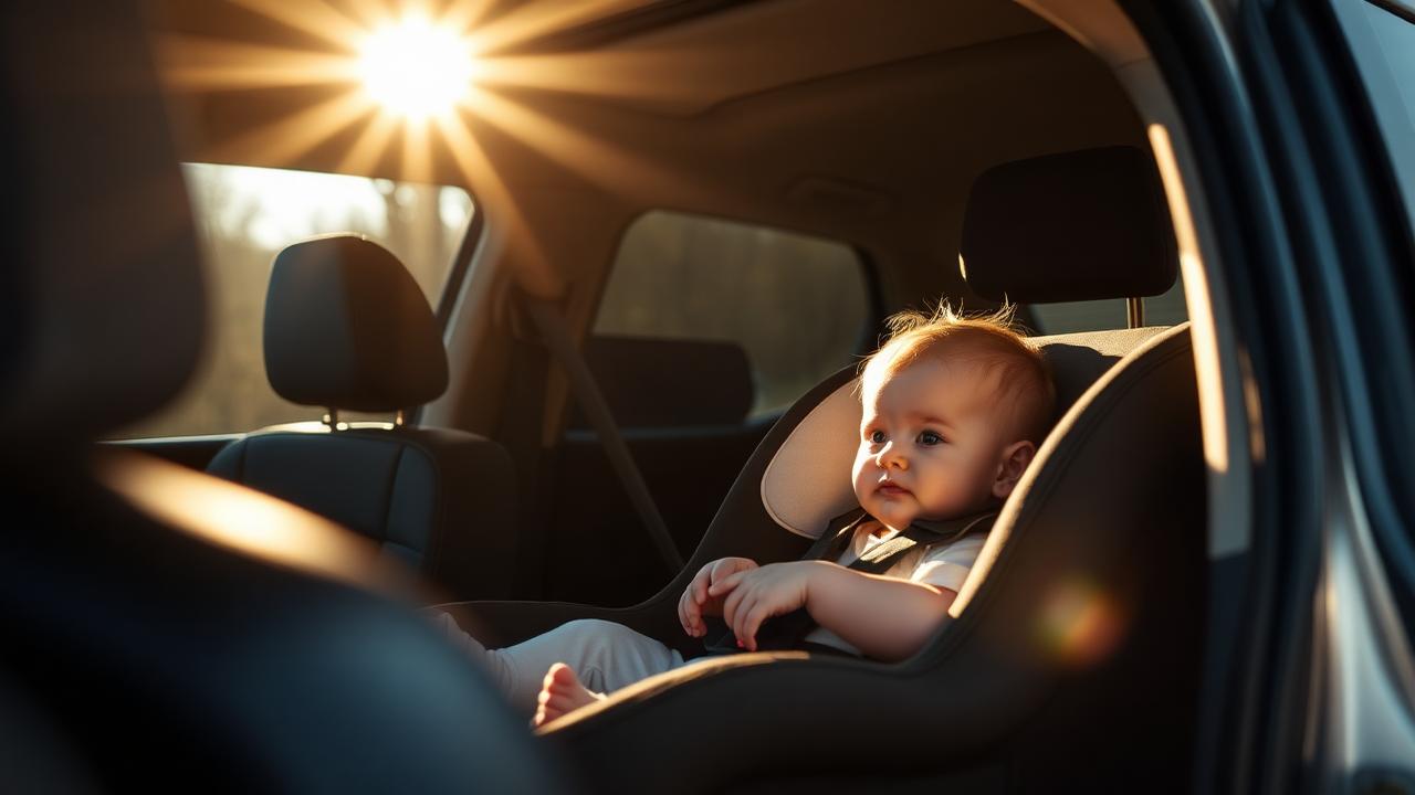 Baby in a car seat behind a tinted rear window